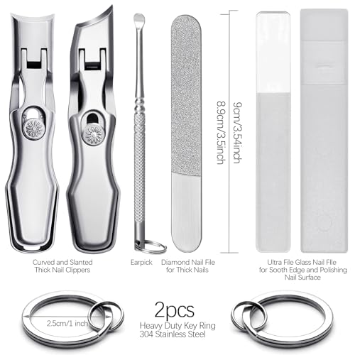 Curved & Slanted Nail Clipper Set, Wide Jaw with Folding Safety Lock, Heavy Duty Stainless Steel Toenail Clippers with File & Ear Pick, Anti-Splash for Thick Ingrown Nails for Seniors, Men - color: Curverd & Slanted Set
