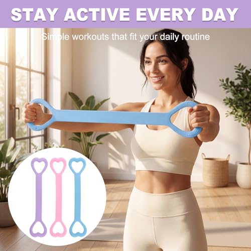 ‌Figure 8 Resistance Bands for Women & Men - 3 Levels (15lb/25lb/35lb) Silicone Workout Bands for Arms, Back, Shoulder Toning & Posture Correction - Portable Home Gym/Yoga (Pink+Blue+Purple)