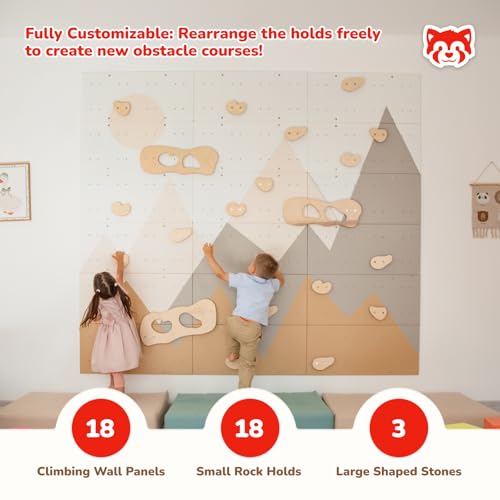 Wood And Hearts Indoor Rock Climbing Wall for Kids – 18 Wooden Climbing Panels with Rock Climbing Holds and Large Climbing Grips, Montessori Sensory Play Equipment for Playroom and Home Gym