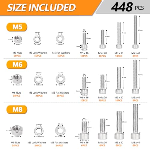 448 pcs M5/M6/M8 Metric Hex Head Socket Cap Bolt & Nut Assortment,304 Stainless Steel Metric Machine Screws, Hex Socket Head Cap Screws Nuts and Bolts Assortment Kit with Flat & Lock Washers - size: M5/M6/M8 - 448PCS