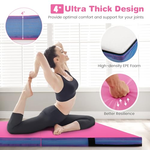 Goplus 4" Thick Folding Gymnastic Mat, Thickened Bi-Fold Fitness Mat with Carrying Handles & PU Leather Cover, Home Gym Tumbling Mat for Stretching, Pilates, Aerobics Workouts - color: Rose&Blue