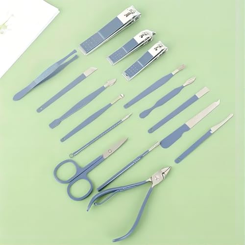 16PCS Professional Manicure & Pedicure Set Stainless Steel Nail Care Kit Travel Manicure Kit, Blue - color: Blue