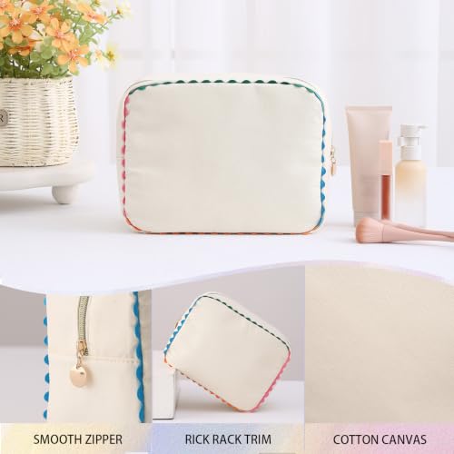 Canvas Makeup Bag for Women | Rainbow Rick Rack Trim,Mahjong Tile Travel Toiletry Organizer,Everyday Use, Beach and Gift for Girlfriend - color: Natural+Rainbow