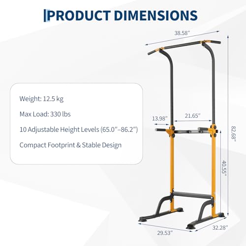 Power Tower Pull Up Bar Station - 330 LBS Stable Multi-Function Gym Dip Station for Home Strength Training Equipment - 10 Adjustable Heights Heavy Duty Pull-Up Tower with h-Shaped Base & Push-Up - color: Yellow