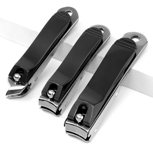 Nail Clippers Set of 3, Sharp Stainless Steel Fingernail Clipper and Toenail Clippers and Slanted Edge Nail Cutter, Black