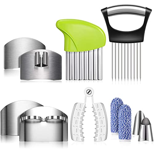 11 Pieces Finger Guard Set for Cutting Include 4 Stainless Steel Knife Cutting Protector 2 Thumb Guard Protector 2 Finger Cots Potato Butter Lettuce Crinkle Cutter Onion Holder Slicer Mandoline Slicer