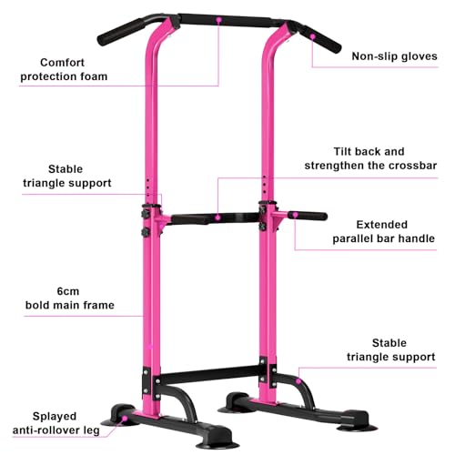 SogesHome Multi-Function Power Tower Pull Up Bar Dip Station for Home Gym | Height Adjustable PullUp Dip Stand, Full Body Strength Training Equipment, Fitness Workout for Push Ups Dips, 330LB Capacity - color: Pink