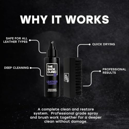 Shoe Clinic Leather Cleaning Kit | Shoe Cleaning Kit with Leather Cleaner and Cleaning Brush | 125ml Stain Remover Spray | Shoe Cleaner for All Types of Boots and Footwear