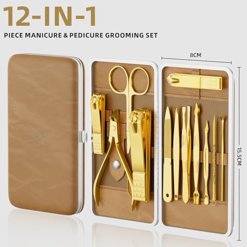 Manicure Set, Stainless Steel Nail Clipper Set with Travel Case | 12-Piece Set with Thicker Steel, Precision-ground Cutting Edges, and Smooth-finished Tools for Clean, Precise Trimming. - color: Gold