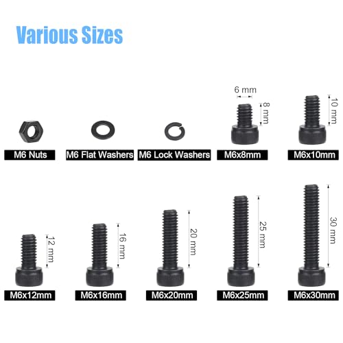 DYWISHKEY 127 Pieces M6 Black Screws, 12.9 Grade Alloy Steel M6x 8/10 /12/16 /20/25 /30mm Hex Socket Head Cap Screws Bolts Nuts Washers Assortment Kit - size: M6, style: Socket Head