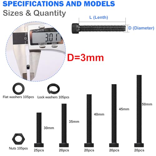 mxuteuk 420PCS M3 Screws,M3x30/35/40/45/50mm Hex Socket Head Cap Screws Bolts Nuts Kit,12.9 Grade Alloy Steel M3 Bolts with Hex Wrench - size: 420PCS M3 x 30/35/40/45/50mm, style: Hex Socket Head
