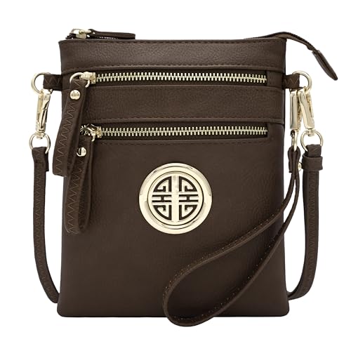 Solene Small Multi Zipper Pockets Crossbody Bag with Detachable Wristlet - color: Coffee