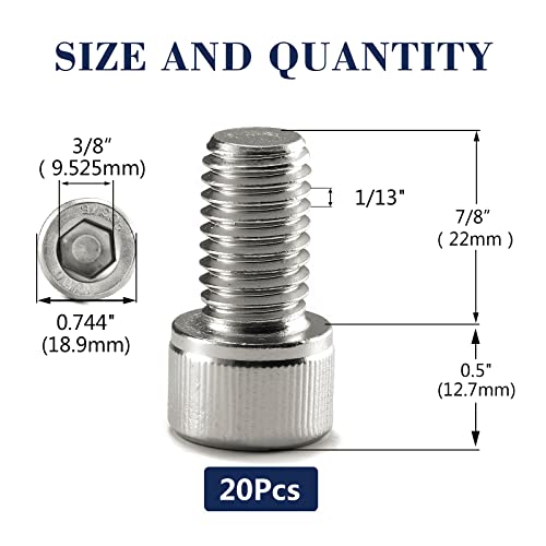 1/2-13 x 7/8" Socket Head Cap Screws Bolts, 20Pcs 304 Stainless Steel 18-8, Allen Socket Hex Drive, Full Thread, Bright Finish by SG TZH(with Hex Spanner) - size: 1/2-13 x 7/8"