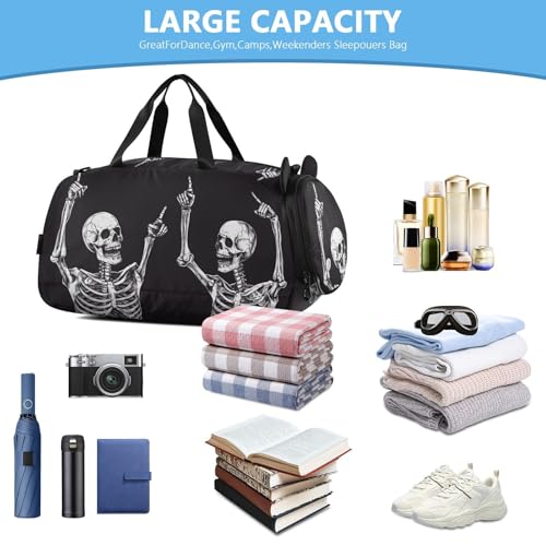Kids Sports Duffel Bag for Boys & Girls - Funny Skull Skeletons 100% Polyester Gym Bag with Separate Shoe Compartment, Adjustable Shoulder Strap, Compact Travel & Workout Gear Bag - color: Funny Skull Skeletons