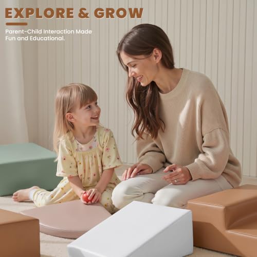 Hoohtoot Foam Climbing Blocks for Toddlers: 6-Piece Soft Play Set - PU Leather Climbing and Crawling Toys - Indoor Baby Learning Gym - Kids Play Structure for Preschool - style: Beige/Ivory