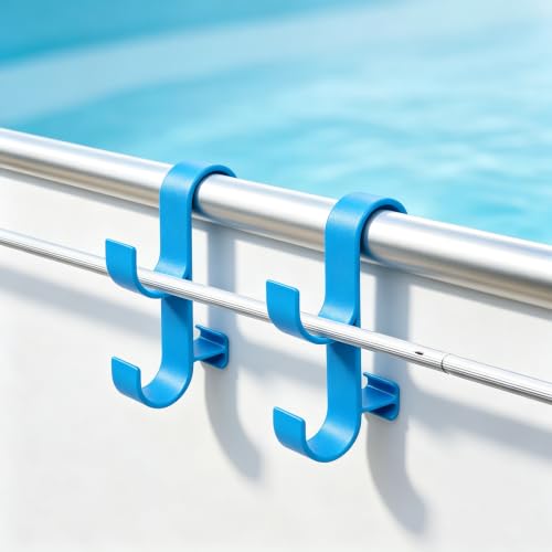 2Pcs Above Ground Pool Pole Hooks, Double Hanging Bracket for Pool Telescopic Pole, Leaf Skimmer Net & Vacuum Hose, Pool Rail Accessory Storage Hanger(Blue) - color: Blue