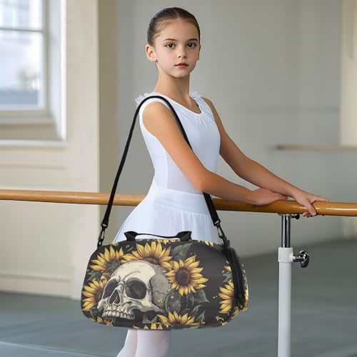 Kids Sports Duffel Bag for Boys & Girls - Skull Summer Sunflowers 100% Polyester Gym Bag with Separate Shoe Compartment, Adjustable Shoulder Strap, Compact Travel & Workout Gear Bag - color: Skull Summer Sunflowers