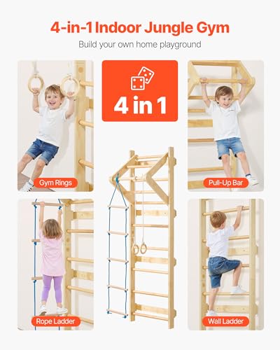 VEVOR Swedish Ladder Wall Gym, 4-in-1 8-Level Indoor Jungle Gym, 220LBS Loading Solid Wood Gymnastic Stall Bars, Indoor Playground Climbing Playset with Rings, Pull-Up Bar, Rope Ladder - style: 8-Level 4 in 1