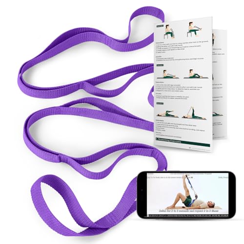 Trideer Stretching Strap with Loops & Leg Lifter, Non-Elastic PT-Style Physical Therapy Strap for Knee Replacement Rehab, Hamstring, Calf & Back Stretcher Mobility, Hip, Shoulder & Yoga - color: Purple