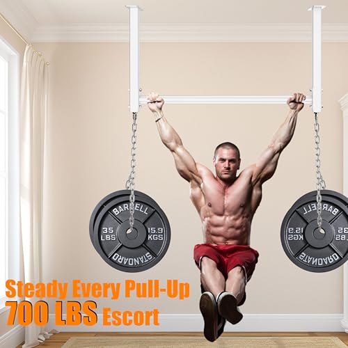 Ceiling Mounted Pull Up Bar, Heavy Duty 700 LBS Multi Grip Pull Up Bars, 16"/24" Rafter Chin Up Bar, Ceiling Joist for Garage/Gym/Basement with Comfortable Grip & Round Anchors, Easy to Install - color: White