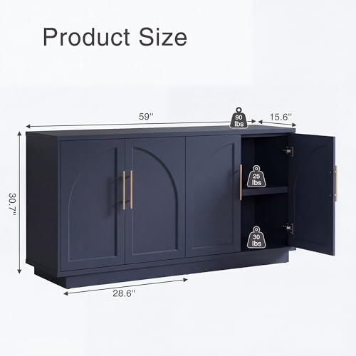 Fatmok 59" Sideboard Buffet Cabinet & TV Stand Set of 2, Modern Arched Credenza with Adjustable Shelves and Long Metal Handles, Wood Console Coffee Bar Storage for Living Room, Blue - color: Aa-blue