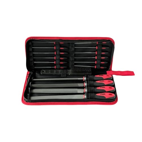 17 Piece Metal File Set with Carrying Case, Precision Filing Tools with Ergonomic Handles, Orange and Black, 8inch