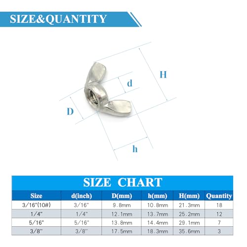 40 Pcs 4 Sizes 3/8,5/16",1/4",3/16"(10#), Wingnuts, 304 Stainless Steel Wing Nuts Fasteners Parts Butterfly Nut, Hand Twist Tighten Hardware Nuts Butterfly Wing-Nut Assorted Kit - size: 304 Stainless Steel-4 Sizes-40Pcs