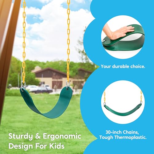 TURFEE 3 Pack Assorted Swing Set, Including 1 Gym Rings Trapeze Bar and 2 Pcs Swings with Plastic Coated Chain, Swingset Accessories Replacement for Kids Outdoor Play, Playground- Green - style: Swing set+1 Gym rings