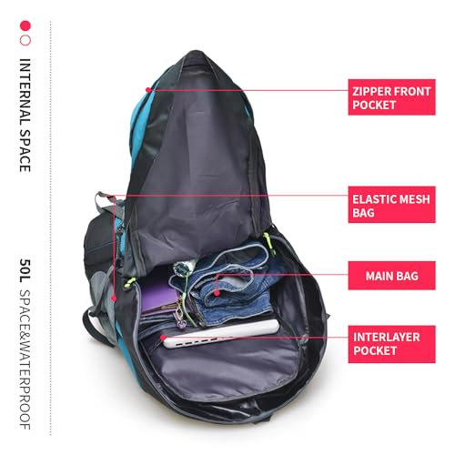 Bseash 50L Hiking Backpack, Water Resistant Lightweight Outdoor Sport Daypack Travel Bag for Camping Climbing Skiing Cycling (Lake Green - No Shoe Compartment) - color: Lake Green - No Shoe Compartment