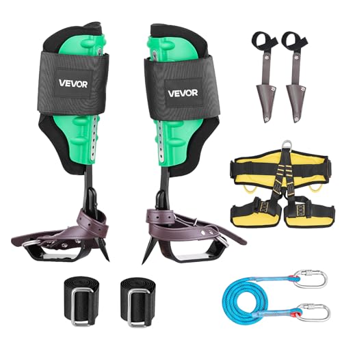 VEVOR Tree Climbing Spikes Set, 1 Pair Height-Adjustable Climbing Spurs with Security Harness and Utility Rope, 350lbs Load Capacity Tree Climbing Gear, Arborist Equipment for Climbers, Fruit Picking - color: Green