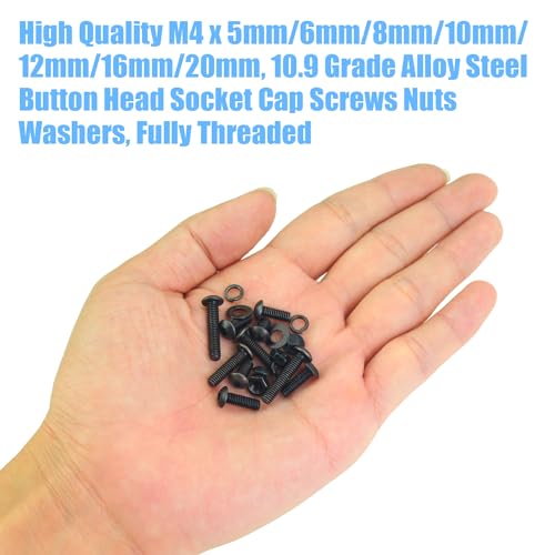 DYWISHKEY 386 Pieces M4 Black Screws, 10.9 Grade Alloy Steel M4x 5/6 /8/10 /12/16 /20mm Button Head Socket Cap Screws Bolts Nuts Washers Assortment Kit - size: M4, style: Button Head Socket Cap