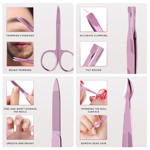 Manicure Set, Stainless Steel Nail Clipper Set with Travel Case | 12-Piece Set with Thicker Steel, Precision-ground Cutting Edges, and Smooth-finished Tools for Clean, Precise Trimming. - color: Rose Purple