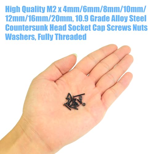 DYWISHKEY 566 Pieces M2 Black Screws, 10.9 Grade Alloy Steel M2x 4/6 /8/10 /12/16 /20mm Countersunk Head Socket Cap Screws Bolts Nuts Washers Assortment Kit - size: M2, style: Countersunk Head Socket Cap