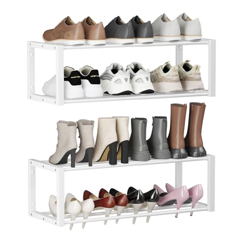 Homeiju Hanging Shoe Organizer,2 Pack Wall Mounted Shoe Rack Holds 12 Pairs,Space Saving Metal Wall Shoe Rack,Hanging Shoe Rack Shoe Holder for Small Space,Entryway,Closet,RV,Camper (White - color: White