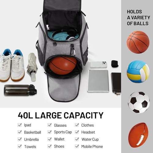 MIER Gym Backpack 40L Basketball Backpack with Ball Compartment & Shoes Storage Multi-Functional Sports Soccer Bag Large Equipment Back Pack Volleyball Backpacks for Men Women - color: Gray
