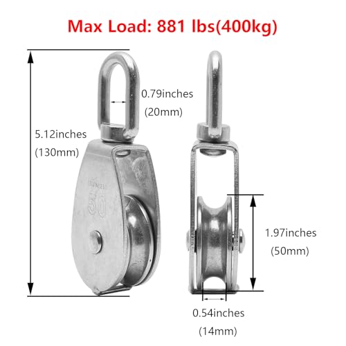 1PC 304 Stainless Steel M50 Single Pulley Block, Wire Rope Hanging Wire Towing Wheel, with 1PC Spring Snap Hook - size: M50-1pc