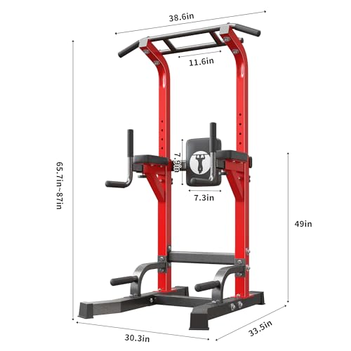SogesPower Multi-Function Power Tower Pull Up Bar Station for Home Gym | 10-Level Adjustable Height Pull Up Bar Stand Dip Station Strength Training Workout Equipment - color: Red