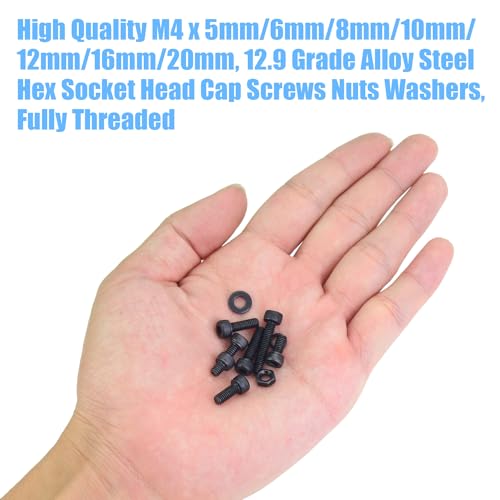 DYWISHKEY 386 Pieces M4 Black Screws, 12.9 Grade Alloy Steel M4x 5/6 /8/10 /12/16 /20mm Hex Socket Head Cap Screws Bolts Nuts Washers Assortment Kit - size: M4, style: Socket Head