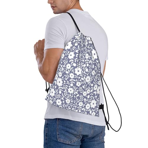 Compact Cinch Carry Sack Navy White Floral Pattern Washable Sackpack for Climbing - color: 1