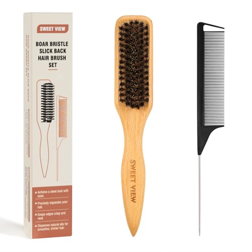 SWEET VIEW Boar Bristle Slick Back Hair Brush | Smooth Flyaways, Frizz, Sleek Ponytail, Buns and Edge Baby Hair, Gel Comb Styling Accessories for Girls, Kids and Women - color: Wood Color
