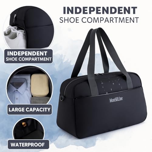 Gym Bag for Women Men with Shoe Compartment, Waterproof Small Duffle Bag for Travel, Sports, Weekend Lightweight Carry on Tote Bag, Black, 27L - color: Black