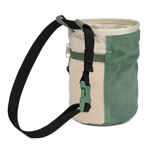 Oso Supply Co - Waxed Canvas Chalk Bag - Zipper Pocket & Mesh Pouch for Bouldering, Rock Climbing, Gym, Weightlifting – Water-Resistant, Adjustable Belt, Wide Opening - color: Sage