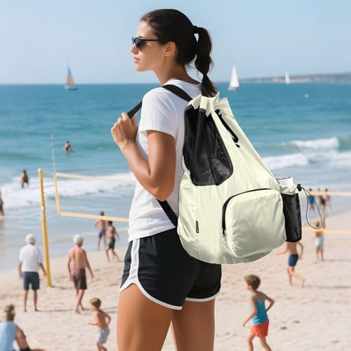 Light Yellow Mens Drawstring Bags Climbing Gym Bag with Water Bottle Pocket Cinch Bags Wet and Dry Separation