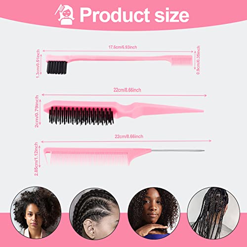 SWEET VIEW 3Pcs Slick Back Hair Brush | Rat Tail Comb, Edge | Bristle Brush, Sleek Ponytail/Bun Smoothing Baby Hair & Flyaways - color: Pink