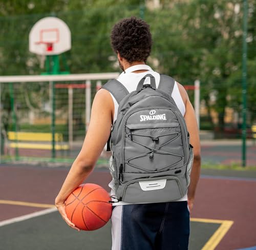 Spalding Basketball Backpack Sports Bag | Large Black Backpack with Shoe and Ball Compartment | Gifts for Basketball Players - color: Grey