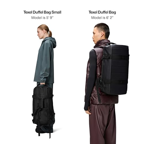 RAINS Texel Duffel – Waterproof Convertible Backpack Travel Bag, 14.8 gal | Waterproof PU duffel for women and men; 56 L convertible backpack, U-shaped zip, internal mesh pockets, padded straps - color: Black, size: Regular