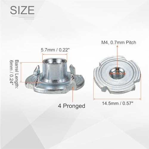 HARFINGTON M4x6mm T-Nuts 4 Pronged Tee Nut 0.57" x 0.24" Fully Thread Carbon Steel Inserts for Wood, Rock Climbing Holds, Cabinetry, Furniture 100pcs - size: M4x6mm, 14.5mm