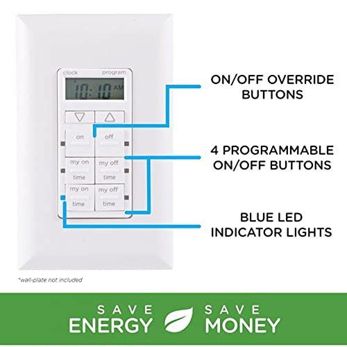 myTouchSmart In-Wall Digital Timer, 4 Programmable On/Off Buttons, 2 Easy On/Off Buttons, 24 Hour Daily Cycles, Blue LED Indicators, with Battery Backup, for Indoor/Outdoor Lights, Fans, 26893 | Manual Override, LED Indicators, Battery Backup Maintains Se