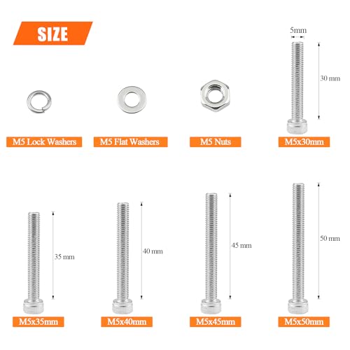 HELIFOUNER 90 Pieces M5 x 30mm /35mm /40mm /45mm /50mm, Hex Socket Head Cap Screws Bolts Washers Nuts Kit with Hex Wrench, 304 Stainless Steel - size: M5 Long Screw Kit (90 PCS)