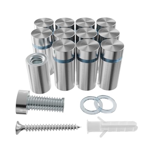 12-Pack Stainless Steel Standoff Screws with Wall Anchors & Rubber Pads – Sign Mounting Hardware for Acrylic Signs, Photo Frames, Advertising Boards, Silver(1/2" x 1" / 12mm x 25mm)